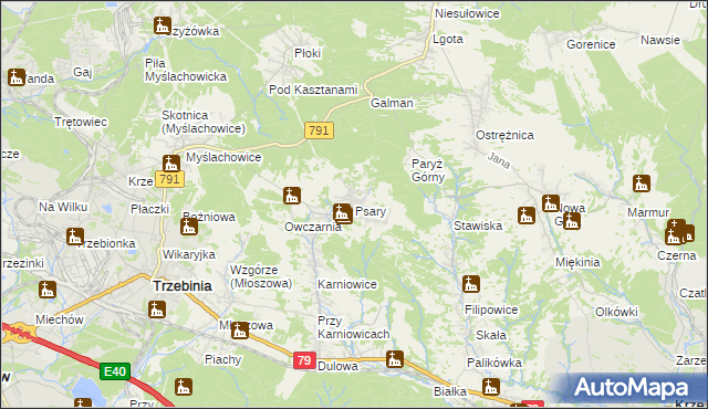 mapa Psary gmina Trzebinia, Psary gmina Trzebinia na mapie Targeo