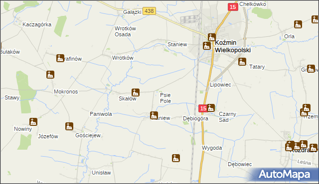 mapa Psie Pole gmina Koźmin Wielkopolski, Psie Pole gmina Koźmin Wielkopolski na mapie Targeo
