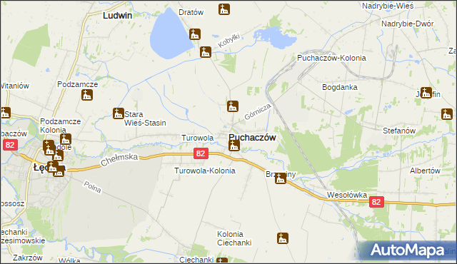 mapa Puchaczów powiat łęczyński, Puchaczów powiat łęczyński na mapie Targeo