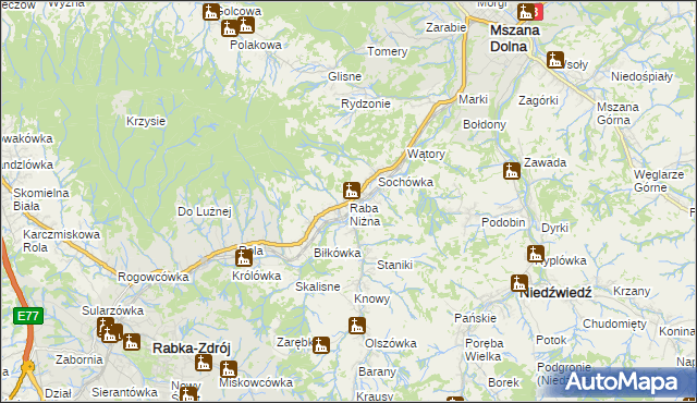 mapa Raba Niżna, Raba Niżna na mapie Targeo