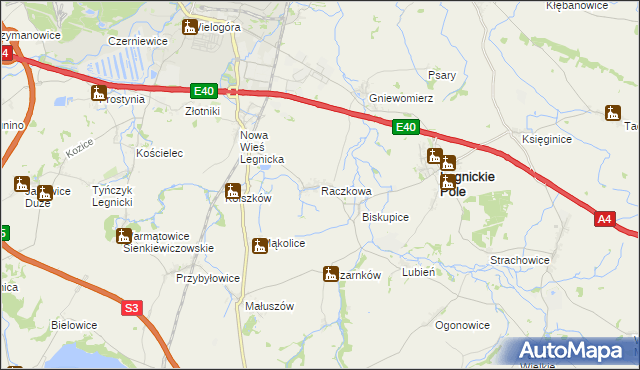 mapa Raczkowa gmina Legnickie Pole, Raczkowa gmina Legnickie Pole na mapie Targeo