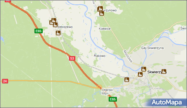 mapa Rakowo gmina Skwierzyna, Rakowo gmina Skwierzyna na mapie Targeo