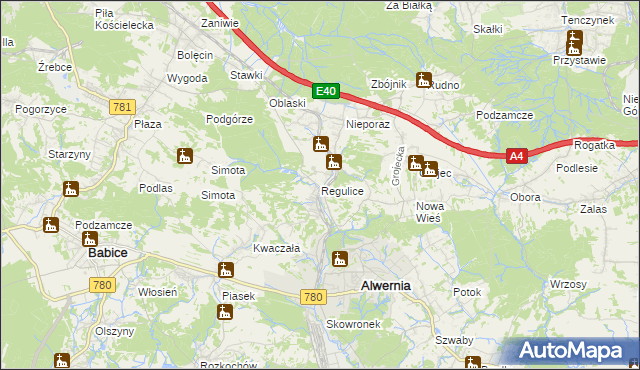 mapa Regulice gmina Alwernia, Regulice gmina Alwernia na mapie Targeo