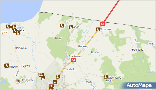 mapa Rodowo gmina Braniewo, Rodowo gmina Braniewo na mapie Targeo