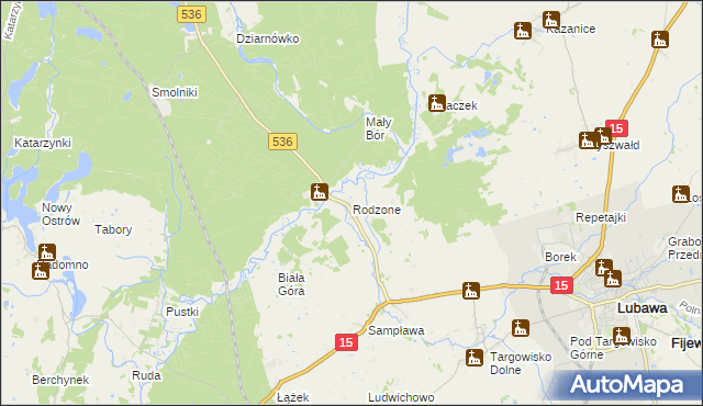 mapa Rodzone gmina Lubawa, Rodzone gmina Lubawa na mapie Targeo