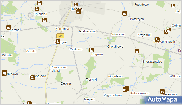 mapa Rogowo gmina Krobia, Rogowo gmina Krobia na mapie Targeo