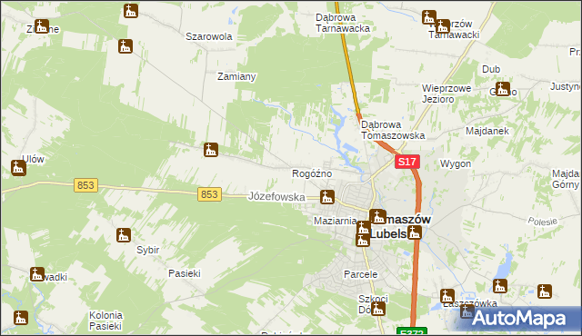 mapa Rogóźno gmina Tomaszów Lubelski, Rogóźno gmina Tomaszów Lubelski na mapie Targeo