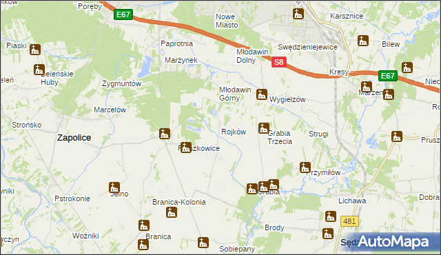 mapa Rojków gmina Zapolice, Rojków gmina Zapolice na mapie Targeo