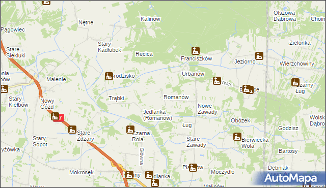 mapa Romanów gmina Jedlińsk, Romanów gmina Jedlińsk na mapie Targeo