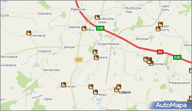 mapa Różana gmina Udanin, Różana gmina Udanin na mapie Targeo