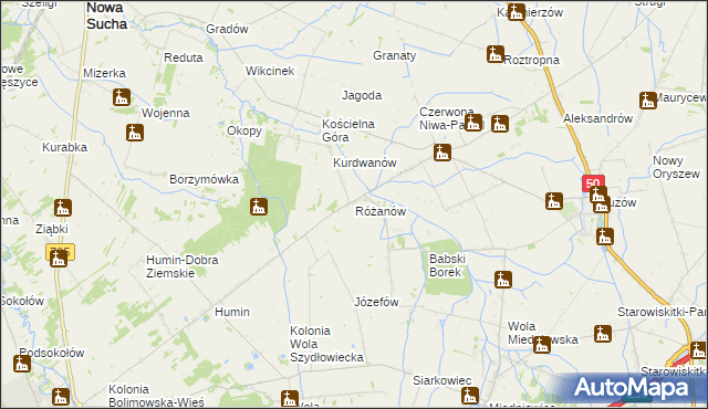 mapa Różanów gmina Wiskitki, Różanów gmina Wiskitki na mapie Targeo