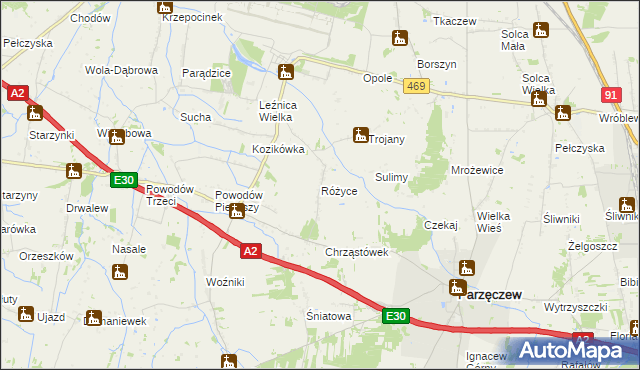 mapa Różyce gmina Parzęczew, Różyce gmina Parzęczew na mapie Targeo