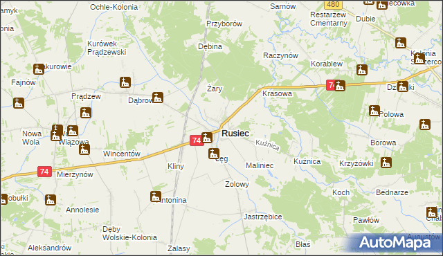 mapa Rusiec powiat bełchatowski, Rusiec powiat bełchatowski na mapie Targeo