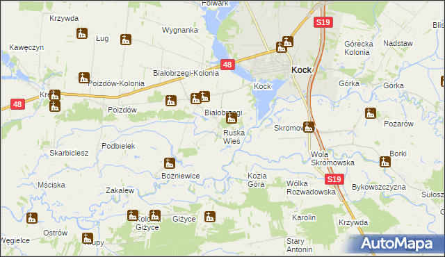 mapa Ruska Wieś gmina Kock, Ruska Wieś gmina Kock na mapie Targeo