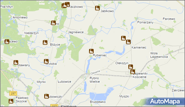 mapa Rybieniec gmina Kiszkowo, Rybieniec gmina Kiszkowo na mapie Targeo