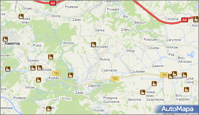 mapa Rybna gmina Czernichów, Rybna gmina Czernichów na mapie Targeo