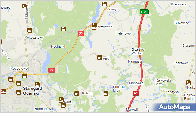 mapa Rywałd gmina Starogard Gdański, Rywałd gmina Starogard Gdański na mapie Targeo