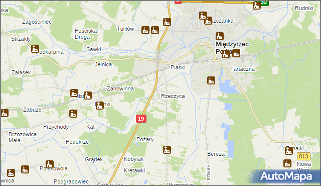 mapa Rzeczyca gmina Międzyrzec Podlaski, Rzeczyca gmina Międzyrzec Podlaski na mapie Targeo