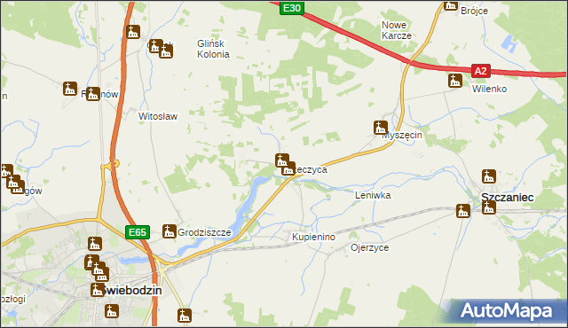 mapa Rzeczyca gmina Świebodzin, Rzeczyca gmina Świebodzin na mapie Targeo