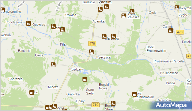 mapa Rzeczyca gmina Zadzim, Rzeczyca gmina Zadzim na mapie Targeo