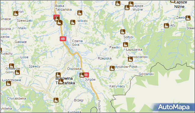mapa Rzepiska gmina Bukowina Tatrzańska, Rzepiska gmina Bukowina Tatrzańska na mapie Targeo