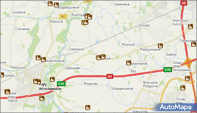 mapa Sadków gmina Kąty Wrocławskie, Sadków gmina Kąty Wrocławskie na mapie Targeo