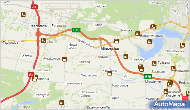 mapa Sadowie gmina Mierzęcice, Sadowie gmina Mierzęcice na mapie Targeo