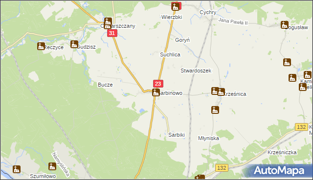 mapa Sarbinowo gmina Dębno, Sarbinowo gmina Dębno na mapie Targeo