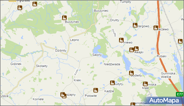 mapa Sasiny gmina Małdyty, Sasiny gmina Małdyty na mapie Targeo
