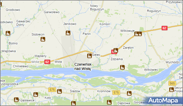 mapa Sielec gmina Czerwińsk nad Wisłą, Sielec gmina Czerwińsk nad Wisłą na mapie Targeo