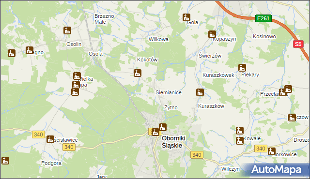 mapa Siemianice gmina Oborniki Śląskie, Siemianice gmina Oborniki Śląskie na mapie Targeo