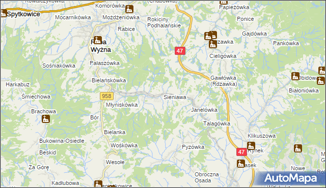 mapa Sieniawa gmina Raba Wyżna, Sieniawa gmina Raba Wyżna na mapie Targeo