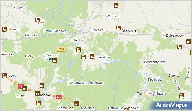 mapa Sieraków gmina Przyrów, Sieraków gmina Przyrów na mapie Targeo