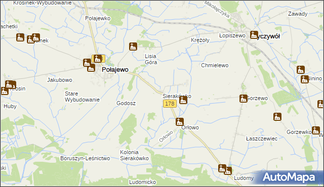 mapa Sierakówko gmina Połajewo, Sierakówko gmina Połajewo na mapie Targeo