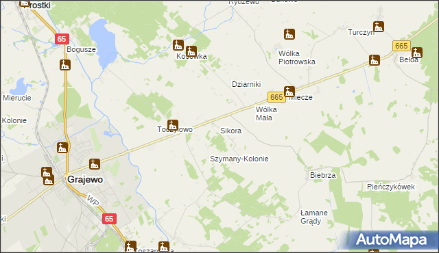 mapa Sikora gmina Grajewo, Sikora gmina Grajewo na mapie Targeo
