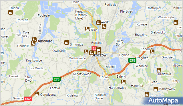 mapa Skoczów powiat cieszyński, Skoczów powiat cieszyński na mapie Targeo