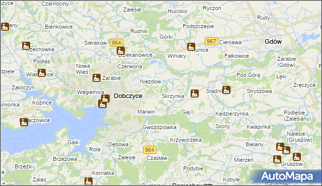 mapa Skrzynka gmina Dobczyce, Skrzynka gmina Dobczyce na mapie Targeo