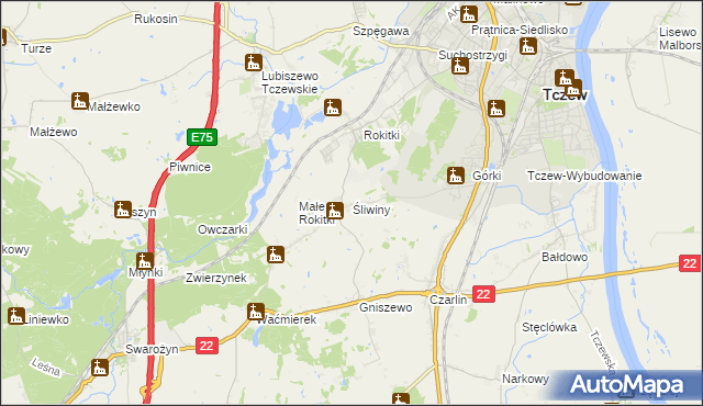 mapa Śliwiny gmina Tczew, Śliwiny gmina Tczew na mapie Targeo
