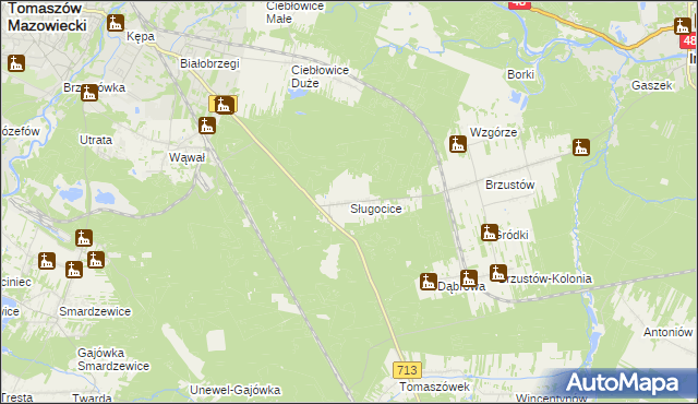 mapa Sługocice gmina Tomaszów Mazowiecki, Sługocice gmina Tomaszów Mazowiecki na mapie Targeo