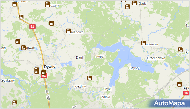mapa Słupy gmina Dywity, Słupy gmina Dywity na mapie Targeo