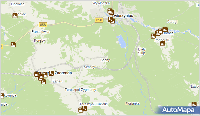 mapa Sochy gmina Zwierzyniec, Sochy gmina Zwierzyniec na mapie Targeo