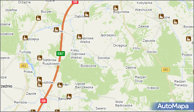 mapa Sokołów gmina Sieradz, Sokołów gmina Sieradz na mapie Targeo