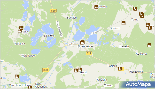 mapa Sosnowica powiat parczewski, Sosnowica powiat parczewski na mapie Targeo