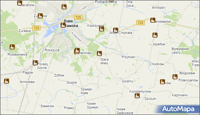 mapa Stara Wieś gmina Biała Rawska, Stara Wieś gmina Biała Rawska na mapie Targeo