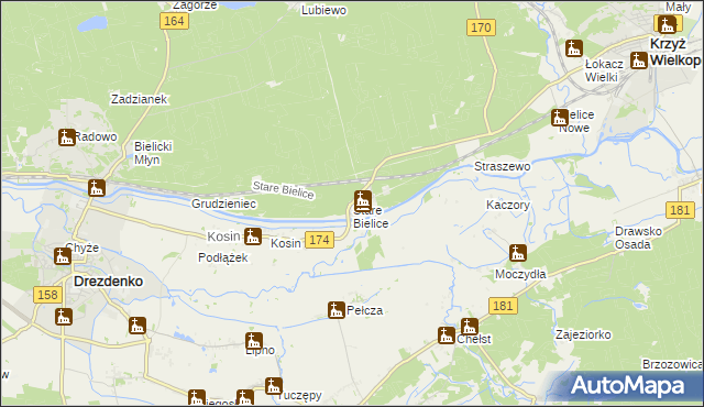 mapa Stare Bielice gmina Drezdenko, Stare Bielice gmina Drezdenko na mapie Targeo