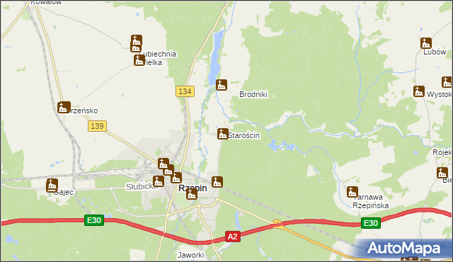 mapa Starościn gmina Rzepin, Starościn gmina Rzepin na mapie Targeo