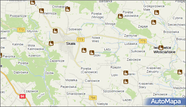 mapa Stoki gmina Skała, Stoki gmina Skała na mapie Targeo