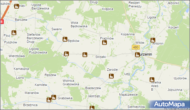 mapa Strzałki gmina Burzenin, Strzałki gmina Burzenin na mapie Targeo