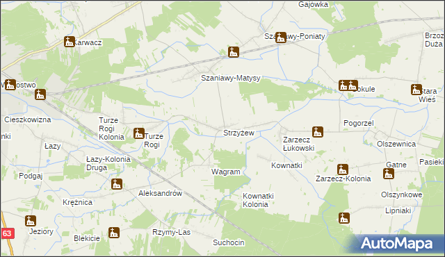 mapa Strzyżew gmina Łuków, Strzyżew gmina Łuków na mapie Targeo