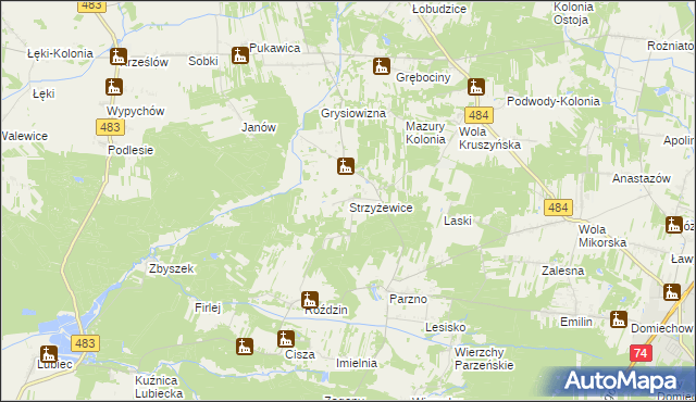 mapa Strzyżewice gmina Kluki, Strzyżewice gmina Kluki na mapie Targeo